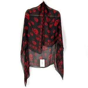 Alexander McQueen Skull Scarf Black Red Silk Lightweight Sheer 39 in x 47 in